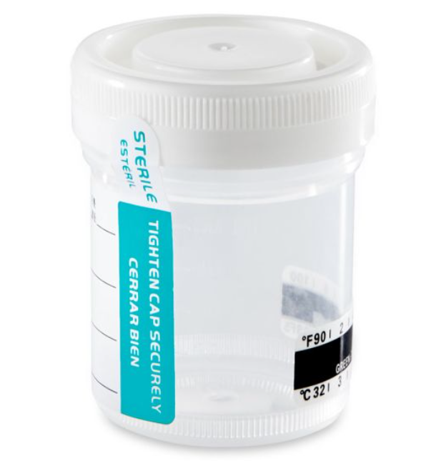 Globe Scientific Tite-Rite, 60mL, PP, Sterile, Attached White Screw Cap, ID Label w/Tab Seal, Graduated, Thermometer Strip