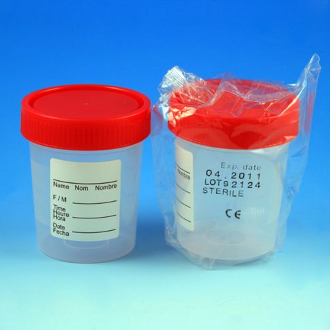 Globe Scientific 4 oz PP Sterile Urine Collection Container w/ Red Screw Cap, 100/Case