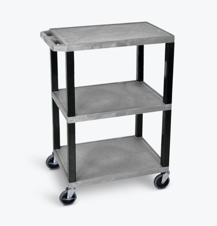 Luxor TUFFY 34" 3-Shelf Multi Purpose Utility Cart, 24" x 18", Gray/Black, Flat Shelves