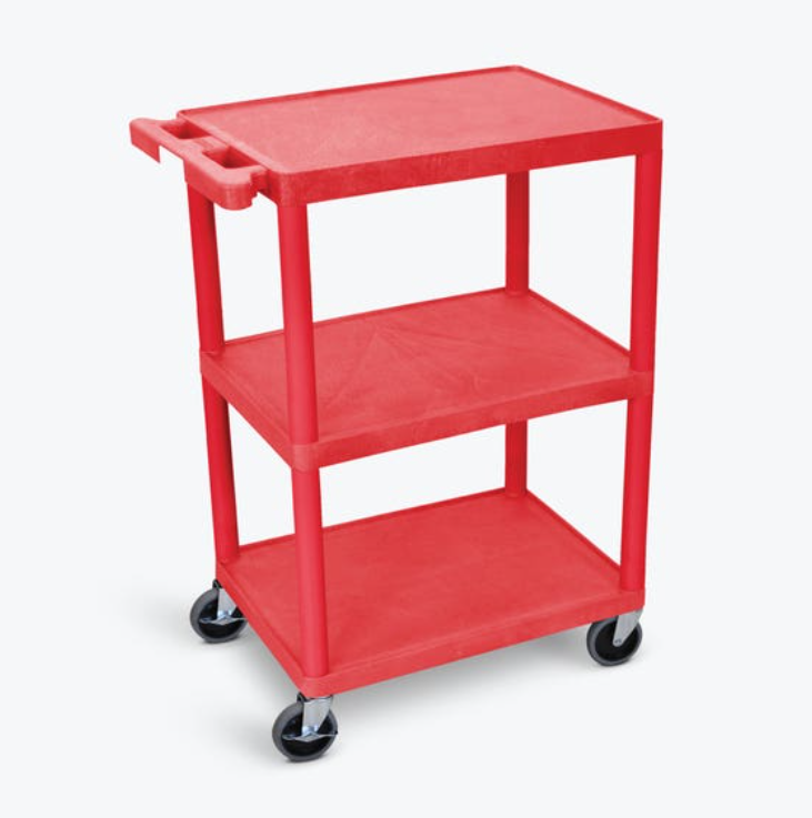 Luxor ENDURA 34" 3-Shelf Utility Cart, 24" x 18", Red, Flat Shelves