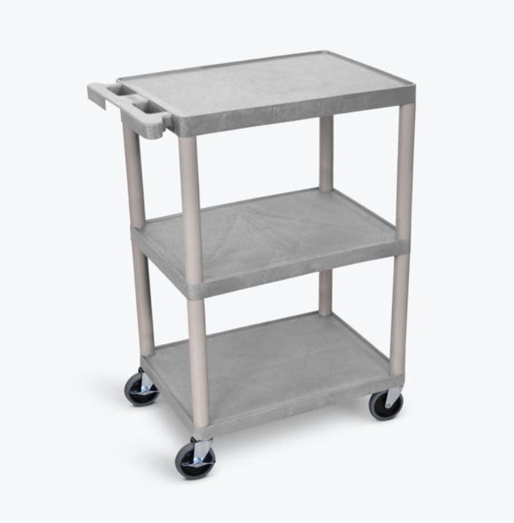 Luxor ENDURA 34" 3-Shelf Utility Cart, 24" x 18", Gray, Flat Shelves