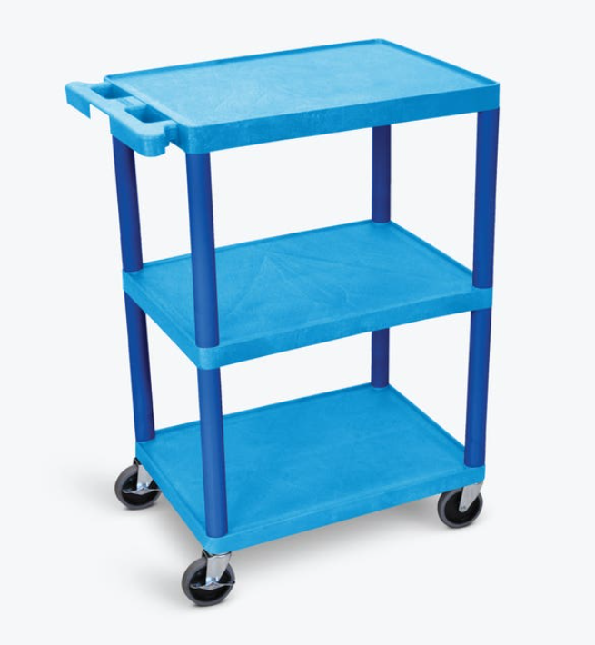 Luxor ENDURA 34" 3-Shelf Utility Cart, 24" x 18", Blue, Flat Shelves