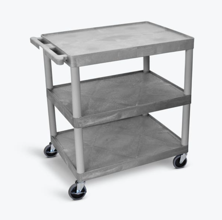 Luxor ENDURA XL 34" 3-Shelf Utility Cart, 32" x 24", Gray, Flat Shelves