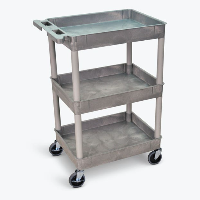 Luxor ENDURA 34" 3-Shelf Utility Cart, 24" x 18", Gray, Tub Shelves