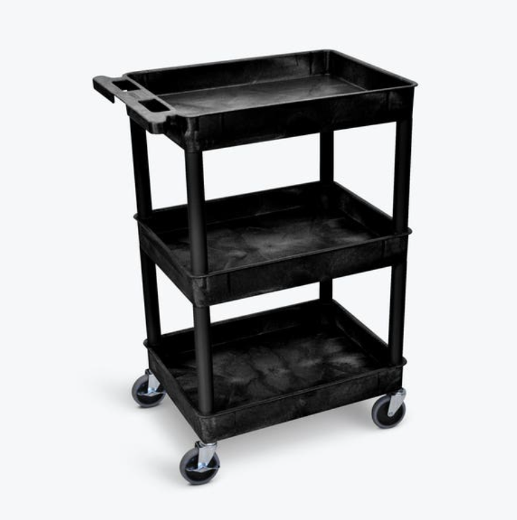 Luxor ENDURA 34" 3-Shelf Utility Cart, 24" x 18", Black, Tub Shelves