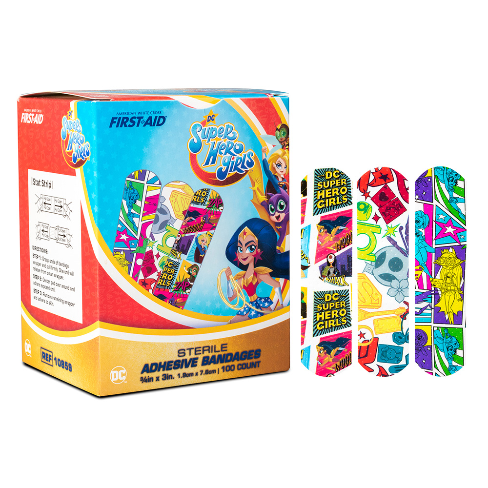 Dukal American White Cross 3/4 x 3 inch DC Super Hero Girls Adhesive Kid Design Bandages, 1200/Pack