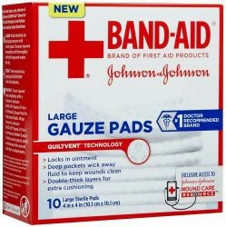 Johnson & Johnson Band-Aid 4 inch x 4 inch 10 Count First Aid Large Gauze Pads, White, 24 Boxes/Case