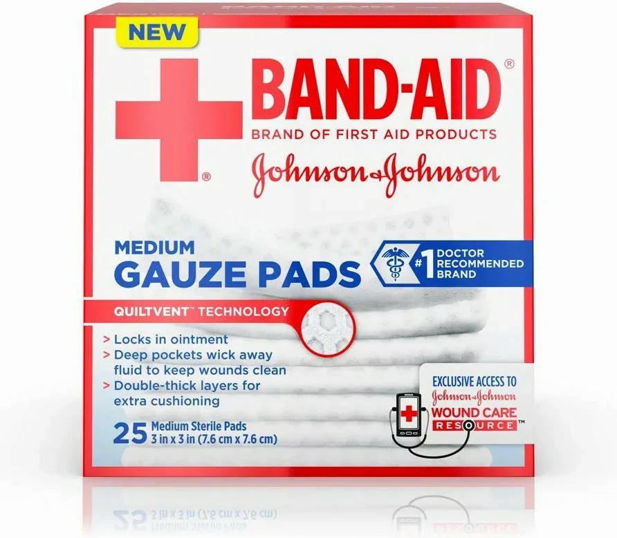 Johnson & Johnson Band-Aid 3 inch x 3 inch 25 Count First Aid Medium Gauze Pads, 24 Boxes/Case