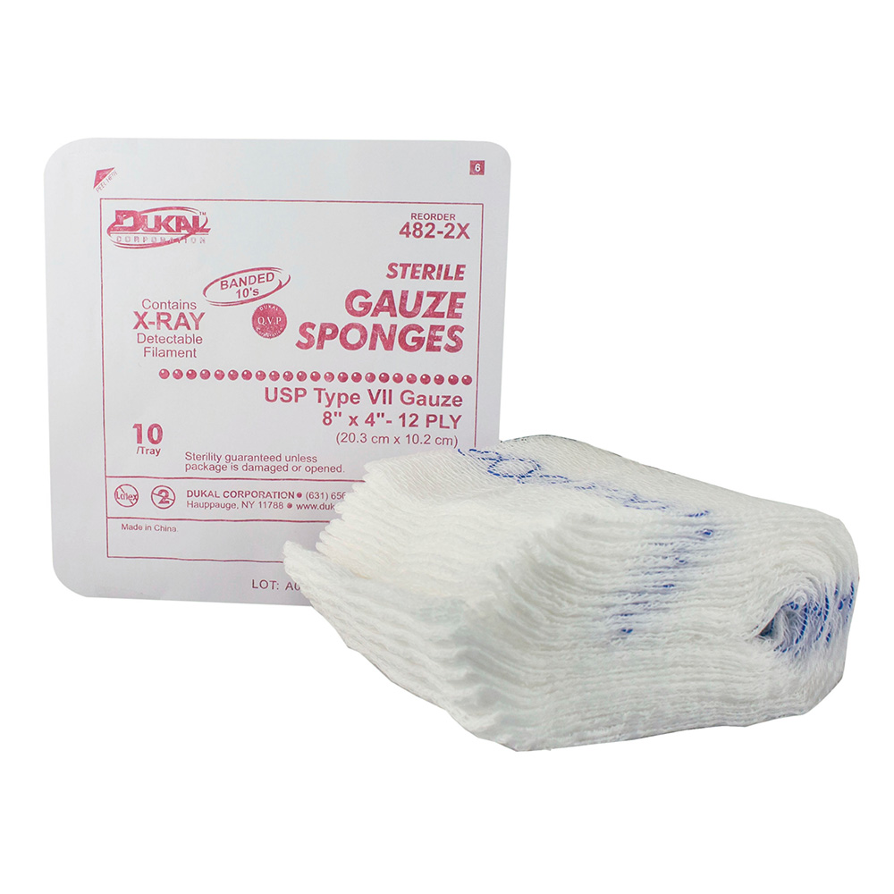 Dukal 8 x 4 inch 12-Ply X-Ray Detectable Type VII Sterile Gauze Sponges, 480/Pack