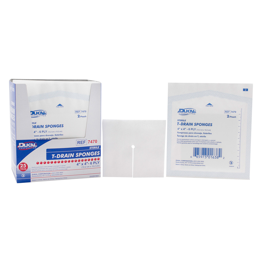 Dukal 4 x 4 inch 6-Ply Sterile Cotton T-Drain Sponges, 600/Pack