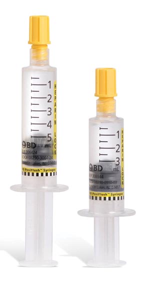 BD Posiflush™ Heparin Lock Flush Syringe, 100 Units/mL, 5mL, 30/bx
