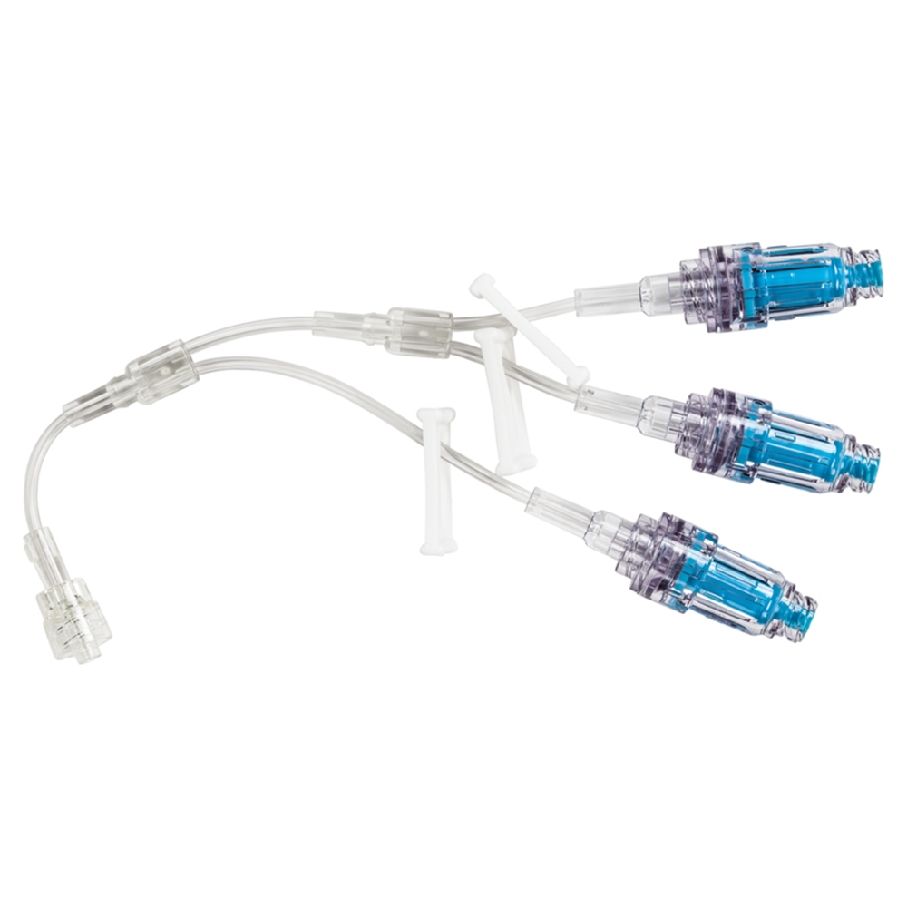 BD Minibore Tri-Fuse Extension Set with 3 Maxplus Clear Needleless Connectors, 3 Slide Clamps and Male Spin Lock, 50/Pack