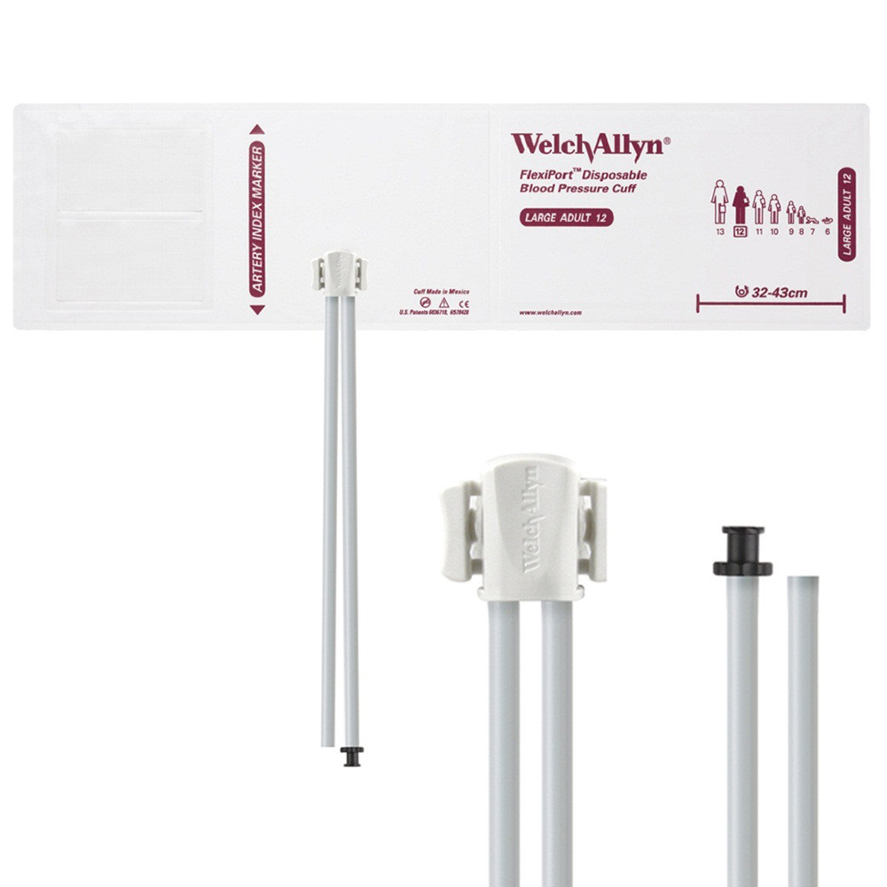 Welch Allyn Flexiport Soft Large Adult Disposable Blood Pressure Cuff with 2-Tube, Tri-Purpose Connector, 20/Pack