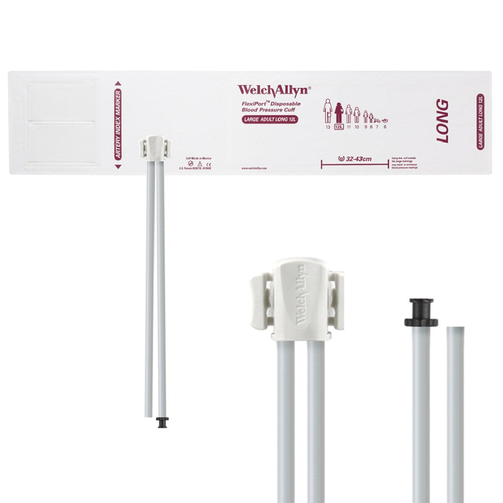 Welch Allyn Flexiport Soft Large Adult Long Disposable Blood Pressure Cuff with 2-Tube, Tri-Purpose Connector, 20/Pack