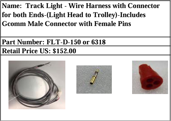 Flight Dental Track Light Wire Harness w/Connector for Both Ends (Light Head to Trolley)