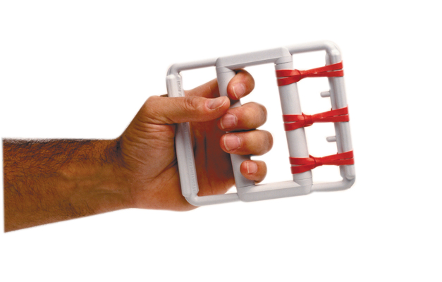 CanDo Latex Free rubber-band hand exerciser, with 5 red bands