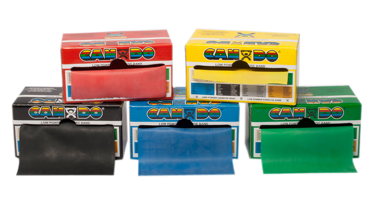 CanDo Low Powder Exercise Band - 6 yard rolls, 5-piece set (1 each: yellow, red, green, blue, black)