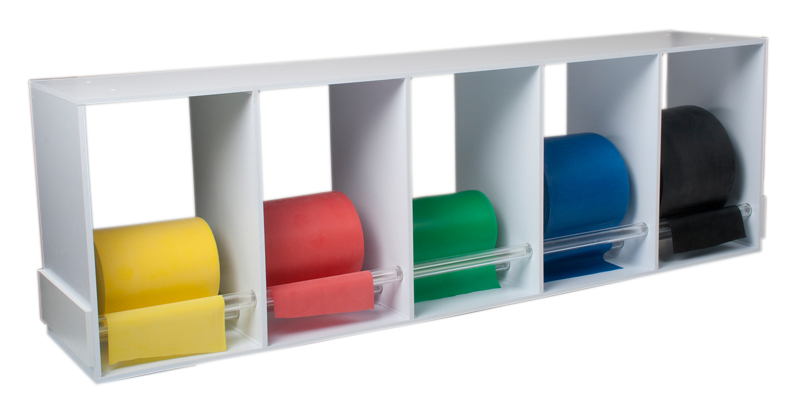 CanDo Dispens-a-Band exercise band rack, wood, 5 rolls, INCLUDING: 5 x 50 yard CanDo low powder set (yellow, red, green, blue, black)