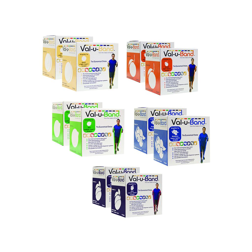 Val-u-Band Resistance Bands, Dispenser Roll, 100 Yds. (2 x 50 Yds.), 5-Piece Set, Peach, Orange, Lime, Blueberry, Plum, Contains Latex