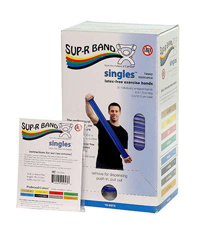 Sup-R Band, latex-free, 5-foot Singles, 30 piece dispenser, blue