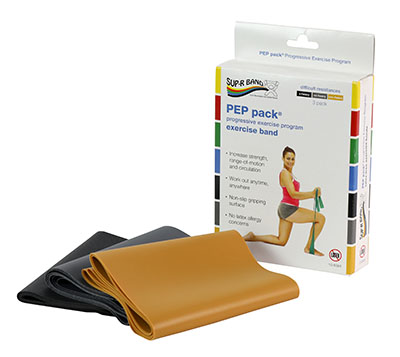 Sup-R Band Latex Free Exercise Band - PEP pack, 3-piece set (1 each: black, silver, gold)