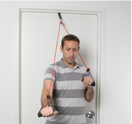 CanDo shoulder pulley with exercise tubing and handles, Red - light