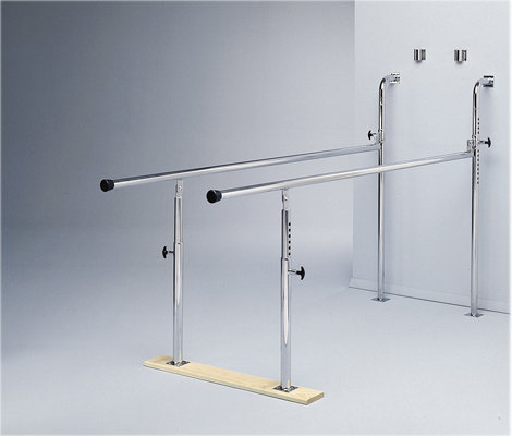 Parallel Bars, wall-mounted, wood base, folding, height adjustable, 7' L x 22.5" W x 28" - 42" H