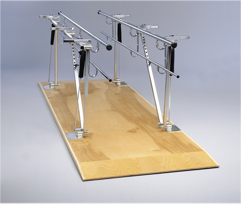 Parallel Bars, wood platform mounted, height and width adjustable, 12' L x 17.5" - 25.5" W x 31" - 41" H