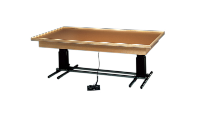 Wooden Platform Table - Deluxe Eectric Hi-low, Raised-rim, 7' x 5' x (23" - 32")
