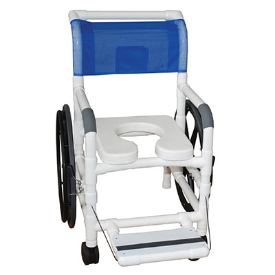 MJM International, aquatic/rehab shower transport chair (18"), rear wheels (24"), footrest