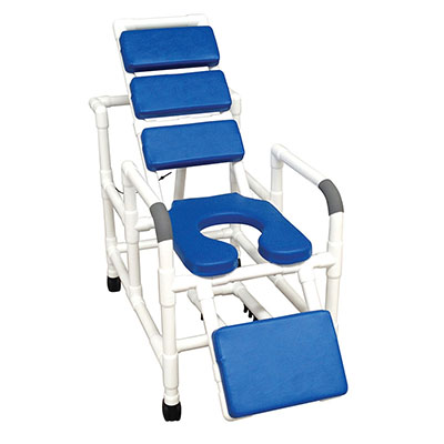 MJM International, reclining total padding shower chair, elevated leg extension, blue