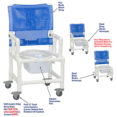 MJM International, shower chair (18"), dual drop down armrests, square pail
