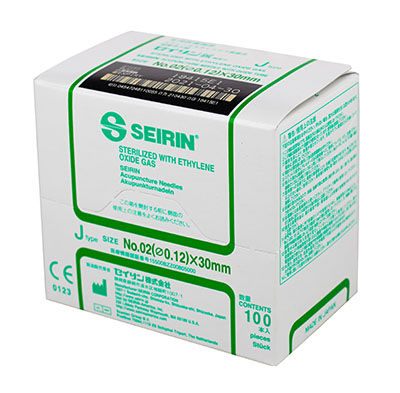 SEIRIN J-Type Acupuncture Needles, Size 00/02 (0.12mm) x 30mm, Box of 100 Needles