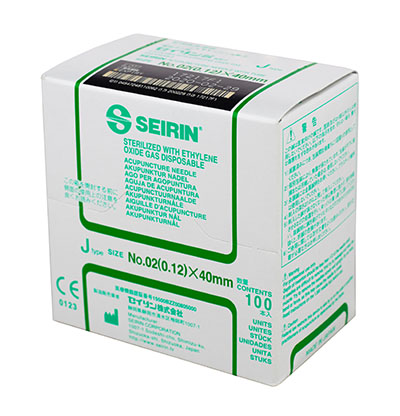SEIRIN J-Type Acupuncture Needles, Size 00/02 (0.12mm) x 40mm, Box of 100 Needles