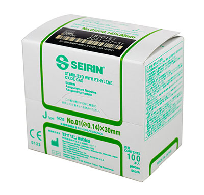 SEIRIN J-Type Acupuncture Needles, Size 0/01 (0.14mm) x 30mm, Box of 100 Needles