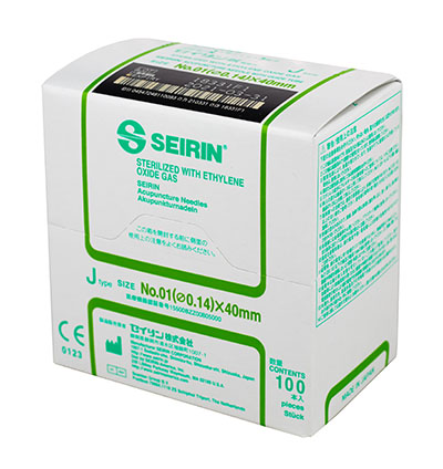 SEIRIN J-Type Acupuncture Needles, Size 0/01 (0.14mm) x 40mm, Box of 100 Needles
