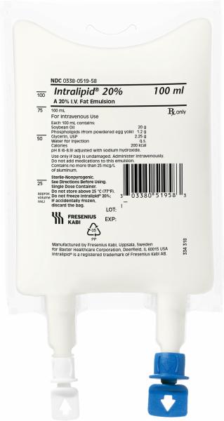 Baxter™ 	Intralipid IV Fat Emulsion, 20%, 100 ml, Biofine Container, 10/cs (Rx)