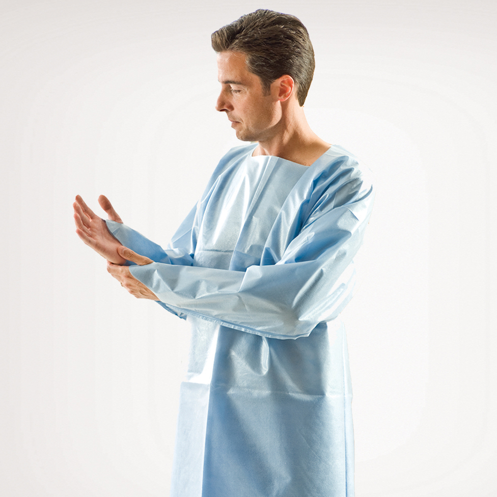 Graham Medical Gown, Spunbond/Poly, 42"x46", Blue, 50/cs