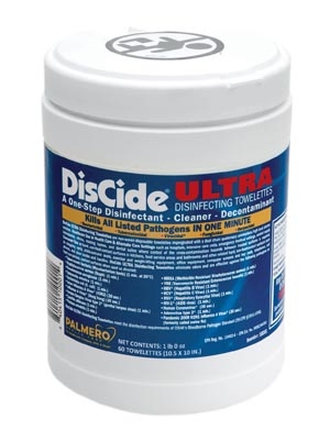 Palmero DisCide Ultra Towelettes, 10 ½” x 10”, 60ct/can, 12can/cs (30 cs/plt)
