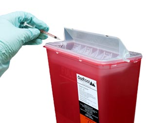 Oak Ridge Products Sharps Container, 5 Quart, Red Base/ Translucent Horizontal Drop Lid