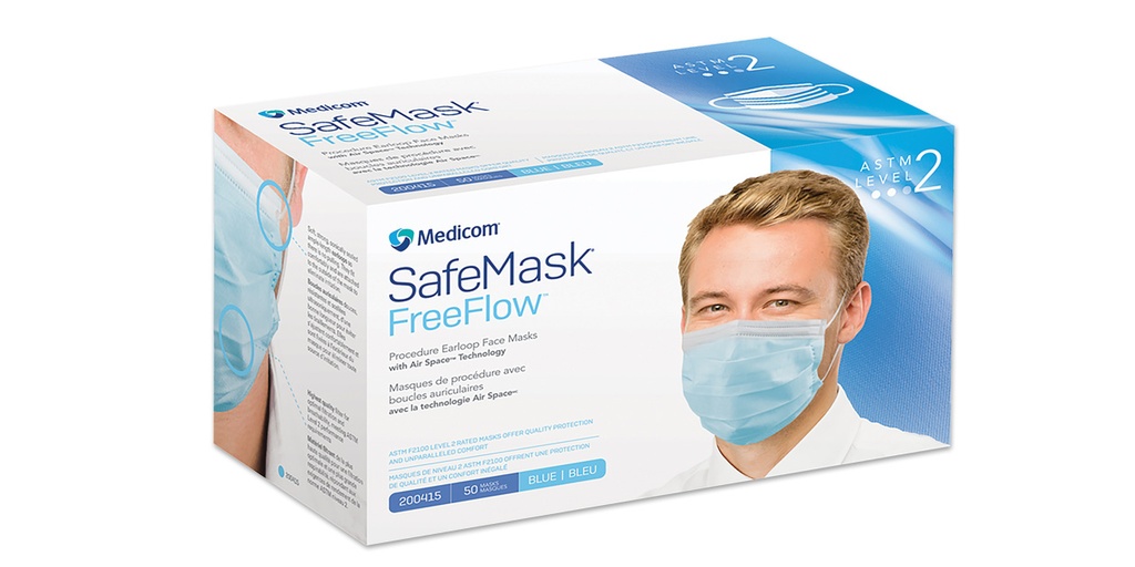 Medicom Inc. FreeFlow Face Mask, ASTM Level 2, Blue