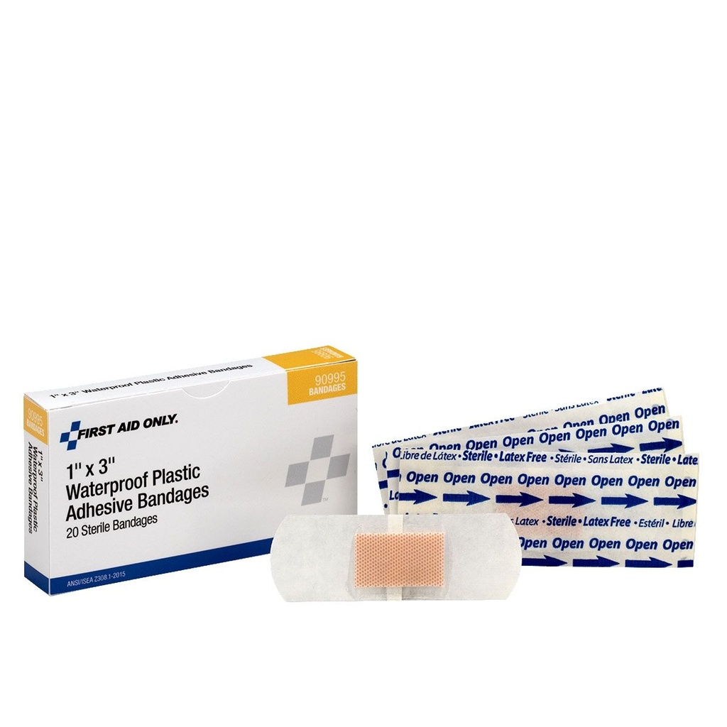 First Aid Only 3 inch x 1 inch Waterproof Plastic Adhesive Bandage, 20/Box