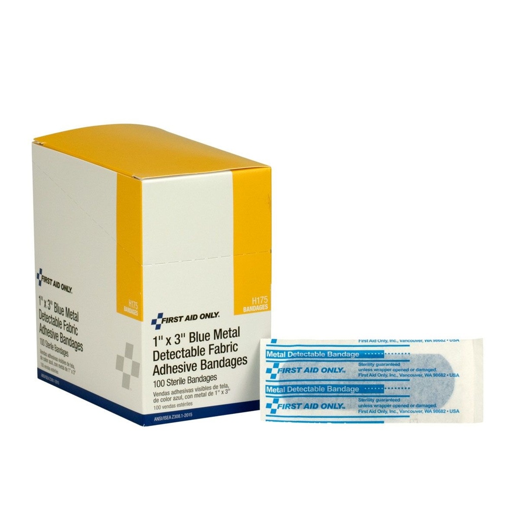 First Aid Only 1 inch x 3 inch Metal Detectable Fabric Bandage, Blue, 100/Box