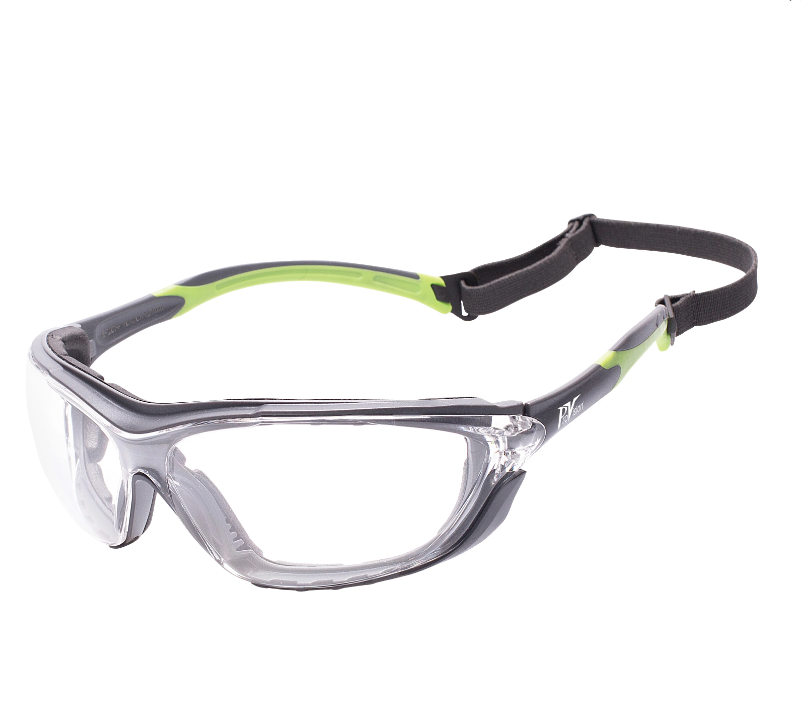 Palmero Wraparound Safety Glasses, Black Frame/Green Tips/Clear Lens, Universal Size