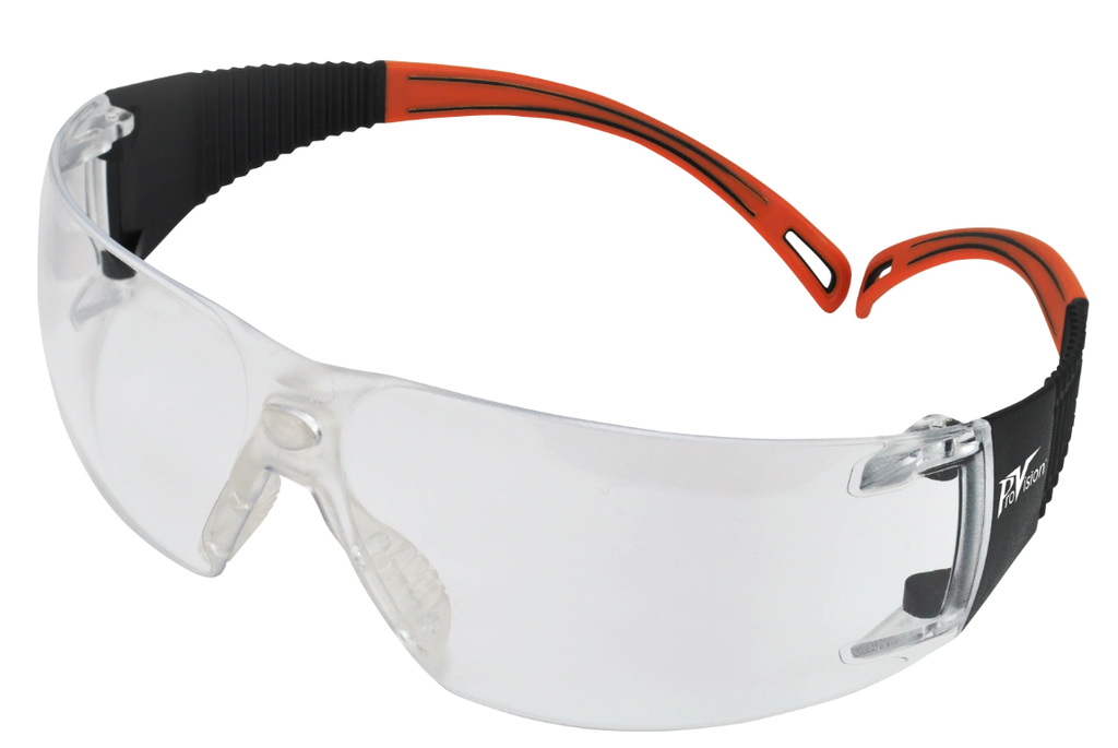 Palmero Wraparound Safety Glasses, Black Frame/Orange Tips/Clear Lens, Universal Size