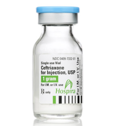 Pfizer, Inc. Ceftriaxone for Injection, USP, 1g/15ml, Single Dose, Glass Fliptop Vial