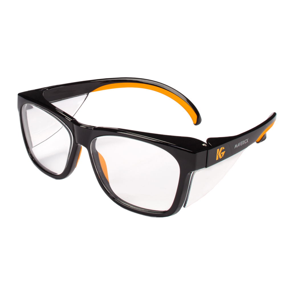 Safety Glasses, Anti-Glare, Clear Lens, Black Frame/Orange Tip, 1/pk