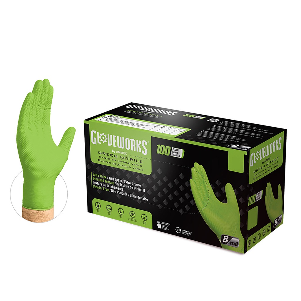 Ammex Gloves, Nitrile, Gloveworks Industrial Graded, Textured Powder-Free, Green