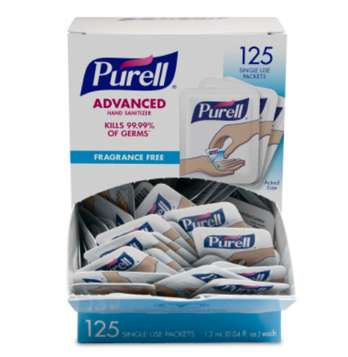 Instant Hand Sanitizer, Display, Single Use, 0.04 oz Packet, 125 ct
