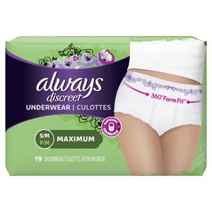Always Discreet, Incontinence Underwear for Women, Maximum, Small/Medium, 19/bx, 3bx/cs